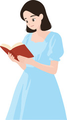 Short haired girl in dress reading a book illustration isolated transparent background editable vector
