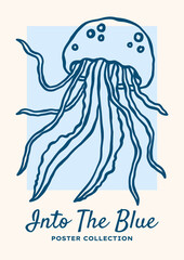 Underwater outline jellyfish vector illustration. Minimalist retro sea poster design with ocean creature on blue background