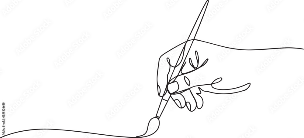 Poster continuous line drawing of a hand holding a paintbrush with tip touching surface in artistic black a