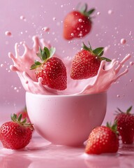 Fresh Strawberries Splashing into Pink Creamy Yogurt in Vibrant Food Photography.