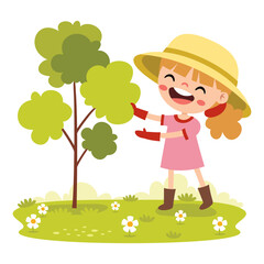 Cartoon Kid Gardening At Nature
