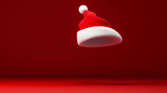 Red and white Santa hat floating against a vibrant red background, showcasing a festive design element perfect for holiday-themed projects, celebrations, and seasonal decorations with copy space