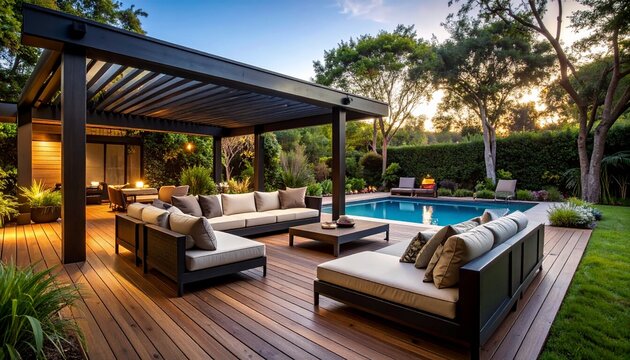 Beautiful backyard garden with pool and lounges under a black pergola transitioning to evening