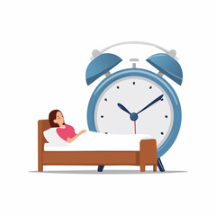Large alarm clock next to woman sleeping in bed