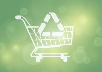 Sustainable shopping cart with recycling symbol on green background. Eco-friendly consumer concept illustration perfect for environmental retail campaigns and green commerce presentations. Vector