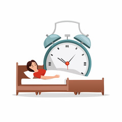 Large alarm clock next to woman sleeping in bed