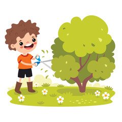 Cartoon Kid Gardening At Nature