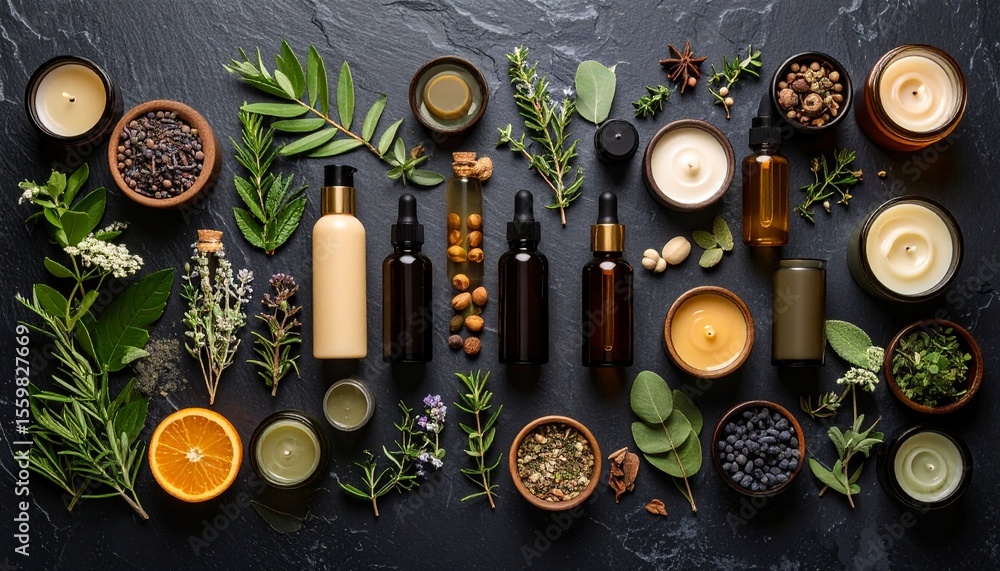 Aufkleber various types of essential oils displayed in a dynamic flat lay on a slate background
