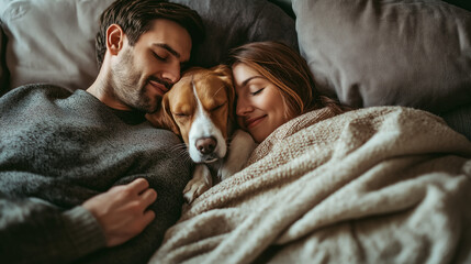 Couple sleeping with dog under blanket in cozy bed