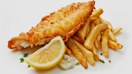 Delicious golden crispy fried fish and chips with lemon and tartar sauce on white plate