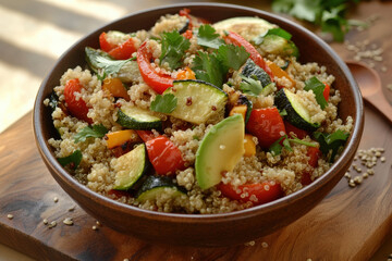 Healthy Quinoa Salad with Roasted Veggies. A healthy quinoa salad with roasted vegetables and avocado served in a wooden bowl.