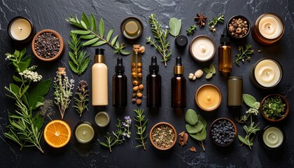 Various types of essential oils displayed in a dynamic flat lay on a slate background