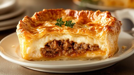 A close-up of a flaky, golden pastry filled with savory ground meat and creamy sauce, garnished with fresh herbs, Ideal for food blogs, recipe books, or menu designs highlighting comfort foods,