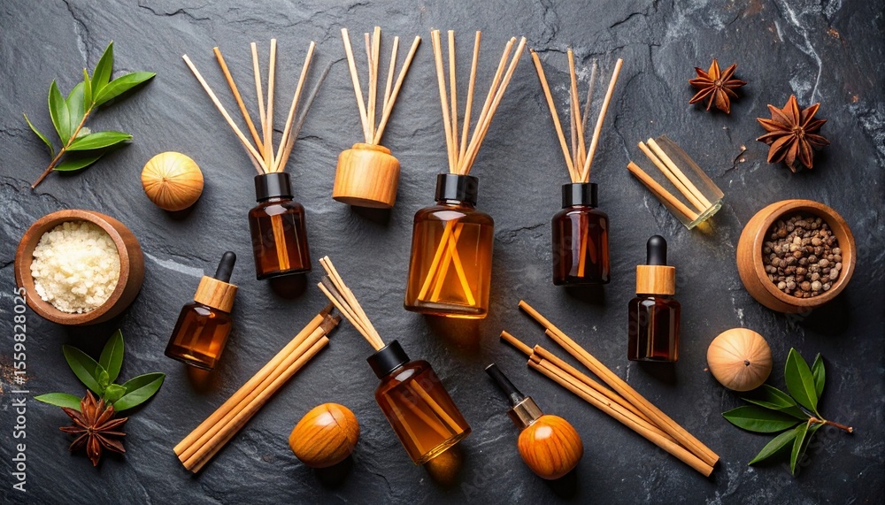 Aufkleber essential oils and various essentials displayed on warm slate background flat lay