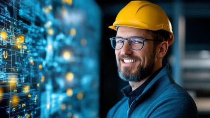 Confident adult male engineer with beard, smiling and wearing yellow hard hat and safety glasses, stands front of illuminated digital interface and control panel, showcasing modern technology - Powered by Adobe