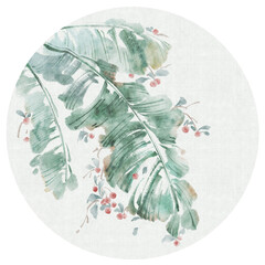 Watercolor botanical illustration of banana leaves and red berries in a round frame.