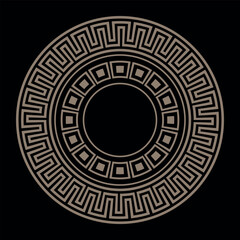 Greek gold round ornament. Golden on black background. Greek pattern. Patterns of Greece and ancient Rome. Circle european border. Typical egyptian, assyrian, greek motives. For ceramic, textile