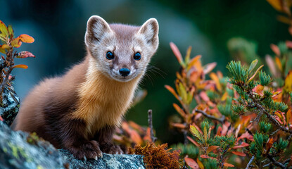 Portrait of young American marten sitting on rock. Animal looking at camera against green blurred background. Concept: animals in the wild. AI Generated
