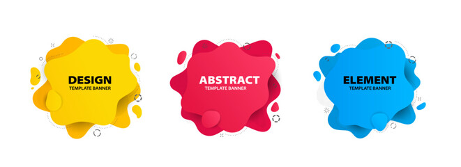 Colorful abstract fluid shape banners in yellow, red, and blue. Modern badges with vibrant geometric design. Liquid vector forms with space for text or quotes.
