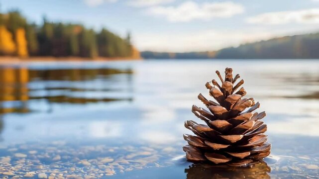 A pinecone resting on the water's surface, surrounded by a serene landscape of trees and a calm lake.