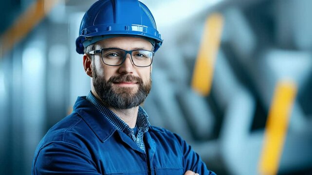 Confident male engineer, adult worker with beard, wearing blue hard hat, safety glasses, and blue uniform, standing industrial factory setting, arms crossed, expressing professionalism, expertise