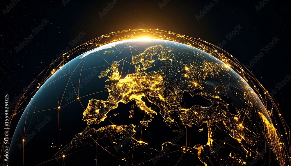 Poster digital network of lights over globe on dark background with bright connection points