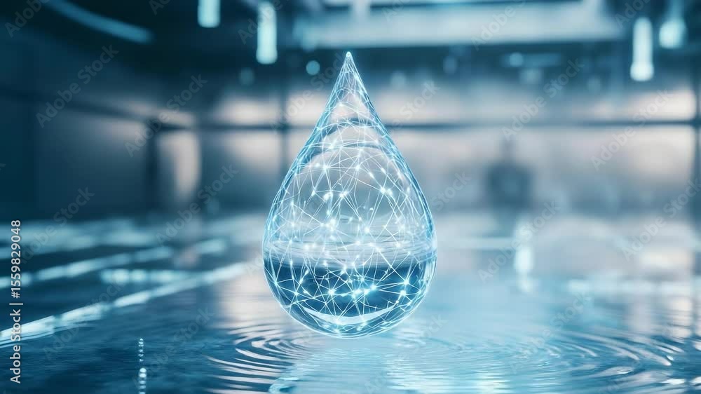 Aufkleber a digital representation of a water droplet with a network-like design and reflections on a surface.