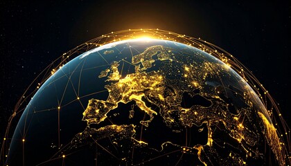 Digital network of lights over globe on dark background with bright connection points