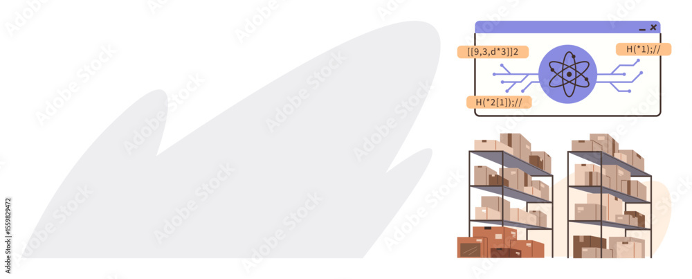 Poster digital interface with atomic icon and code above neatly stacked warehouse racks. ideal for technolo