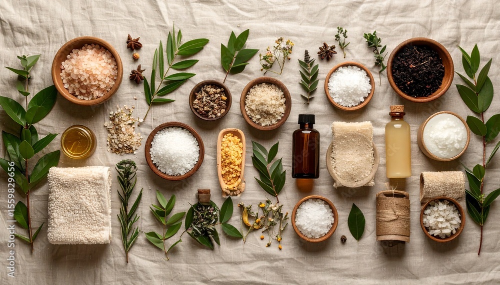 Aufkleber an array of bath products displayed in a dynamic flat lay on a linen background