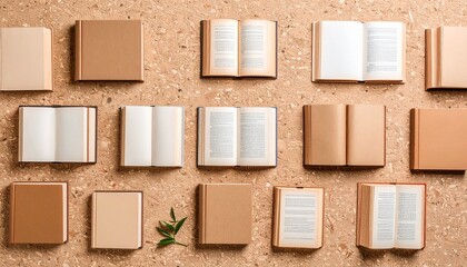 Fototapeta premium A wall of books displayed in dynamic flat lay with warm hues on cork background