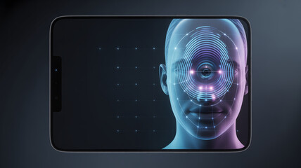 Digital head with circular facial scanning pattern on dark background