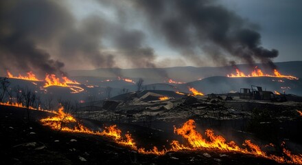 Massive wildfire burning across a hillside and destroyed dwellings, creating heavy smoke in the sky. Natural disaster and climate change concept.