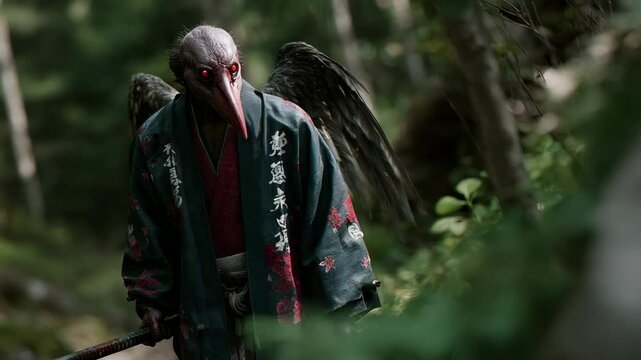 深い森の中で目が赤く光る天狗の妖怪