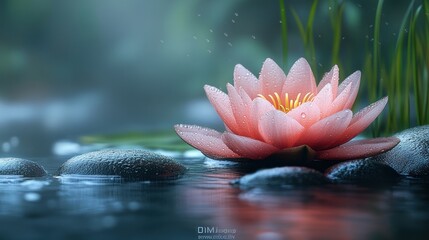 Tranquil Lotus Bloom in Serene Water Garden Landscape with Stone Accents