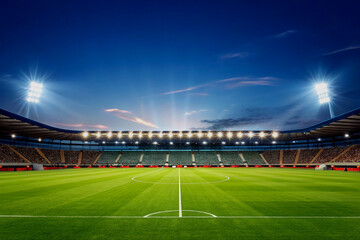 Illuminated stadium with green grass field and seats under a beautiful evening sky