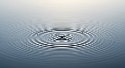 A single water droplet creates concentric ripples on a calm, still surface.