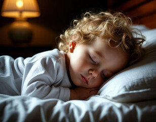 A little blond boy is sleeping in a bed.