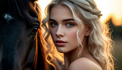 Portrait of a beautiful blonde girl with a black horse close-up.