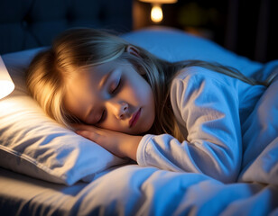 A blonde girl is sleeping in a bed in the bedroom.