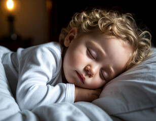 A little blond boy is sleeping in a bed.
