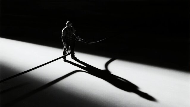A silhouette of a person holding a rope, casting a long shadow on a stark, illuminated surface.