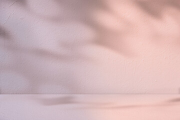 Autumn banner with abstract purple,beige color gradient.Studio background with podium stand for product design.Mock up display empty Interior wall room with shadow leaves with light on floor cement