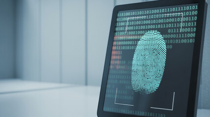 Computer monitor displaying a large fingerprint with lines of binary code