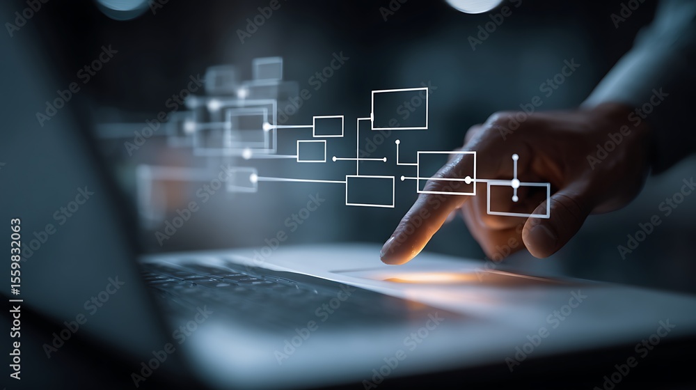 Poster artificial intelligence ai networking concept with hand touching laptop touchpad interface technolog