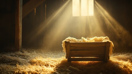 Dusty attic manger, sunlit window, hay, Christmas