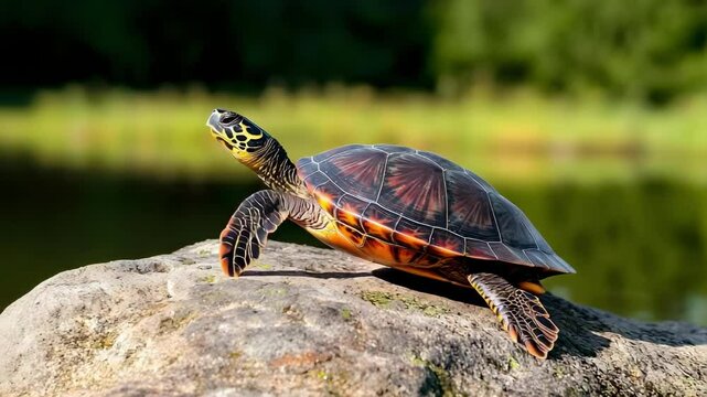 A turtle perched on a rock by a body of water, with vibrant shell patterns and lush greenery in the background.