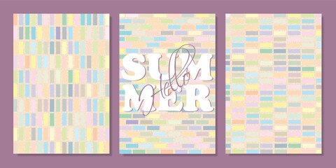 Set of trendy creative vector patterns with colorful pastel bricks and copy space for text. Ideal for poster, banner, card, sale, invitation, cover layout, wallpaper design.