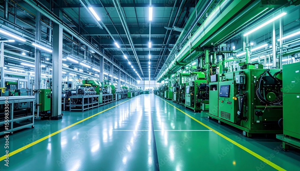 Poster futuristic factory machinery in emerald tones with ample copy space for text or design
