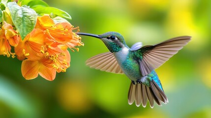 Fototapeta premium Delicate hummingbird gracefully hovering near vibrant orange honeysuckle blooms